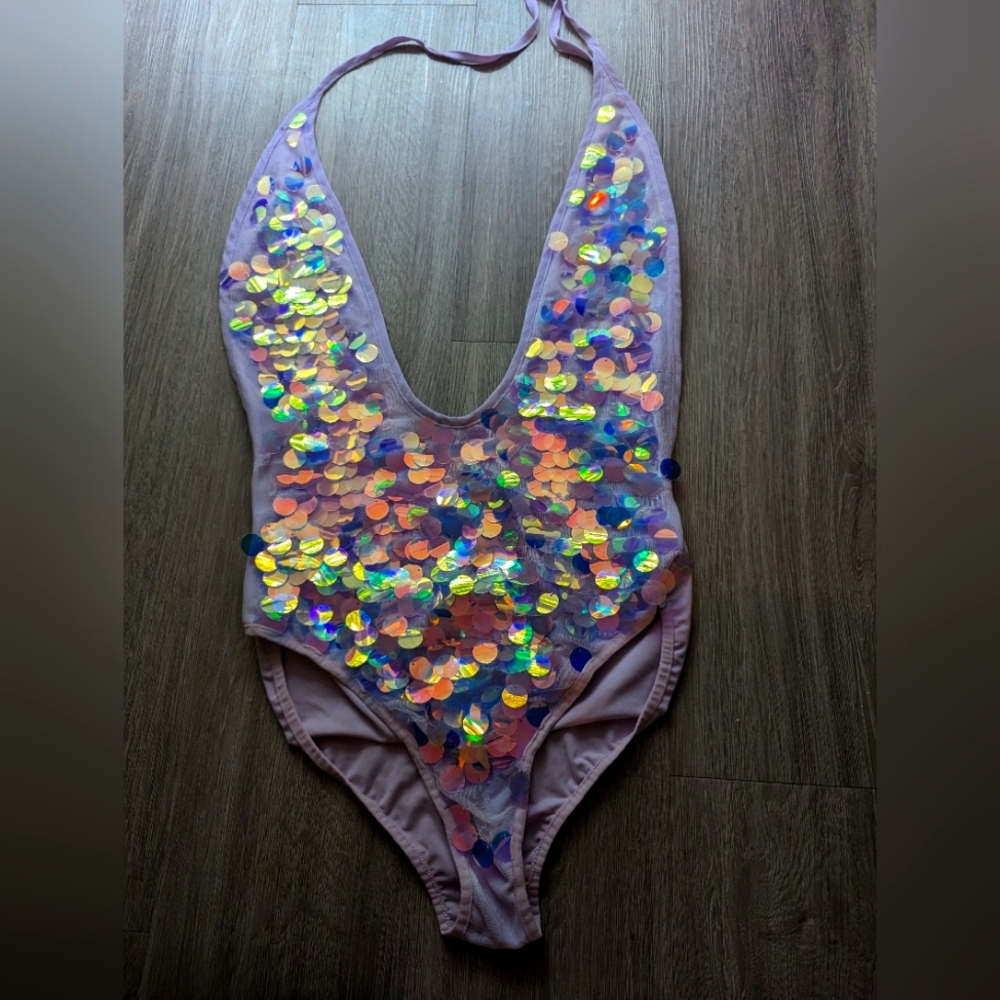 Petit Lilac Pretty Little Thing Sequin Plunge Swimsuit US 8